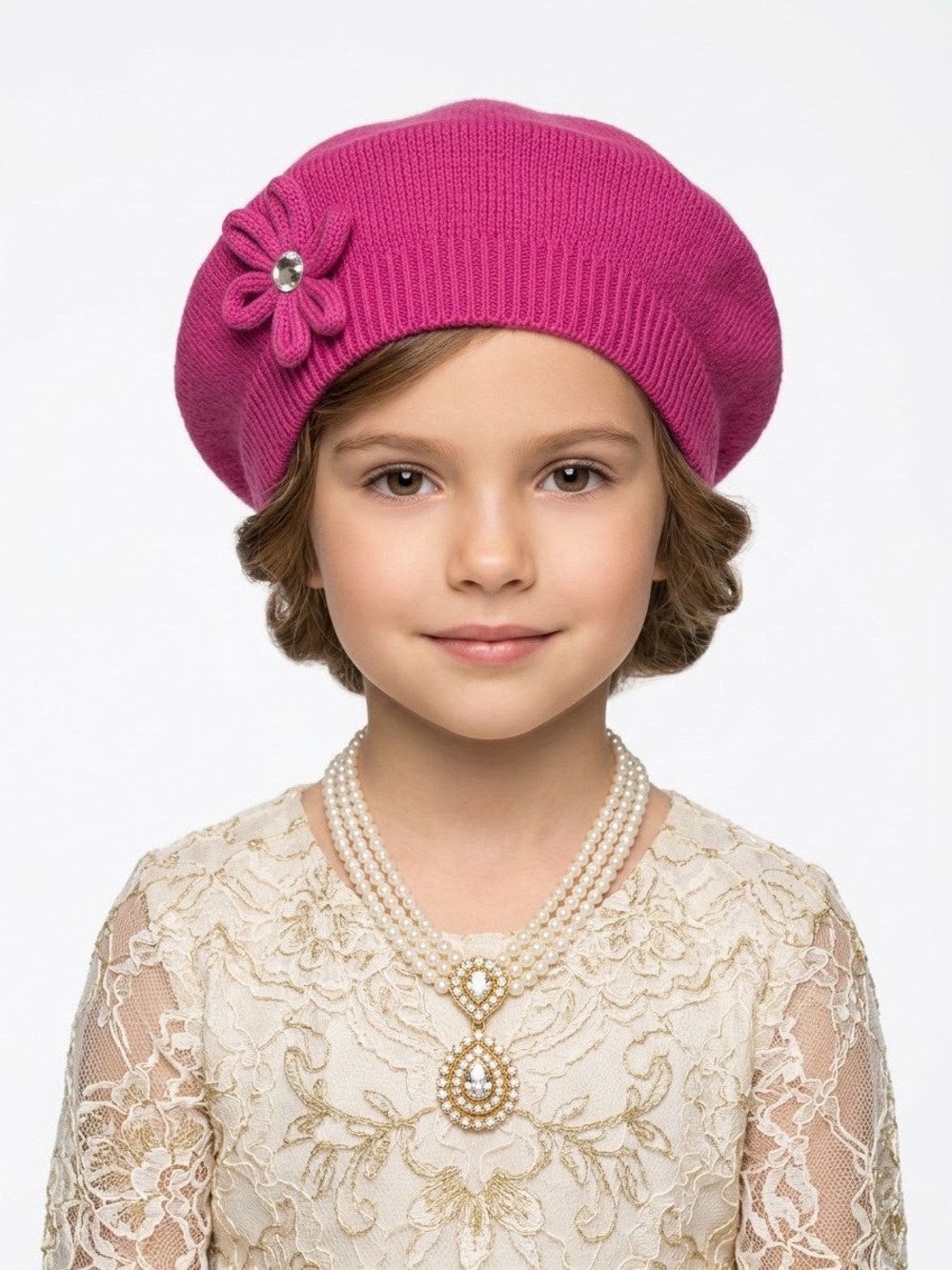 The Children's Place Girls Hot Pink Knit French Beret Hat Flower Rhinestone 4-7
